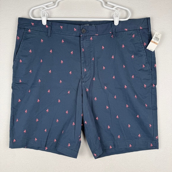 Izod Other - NEW Izod Saltwater Mens 42 Flamingo AOP Shorts Navy Blue Flat Front Chino